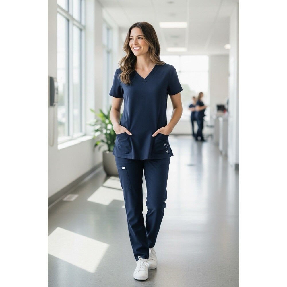 Beyond Scrub Women’s Navy Blue Scrub Top Size L Nurse Hospital